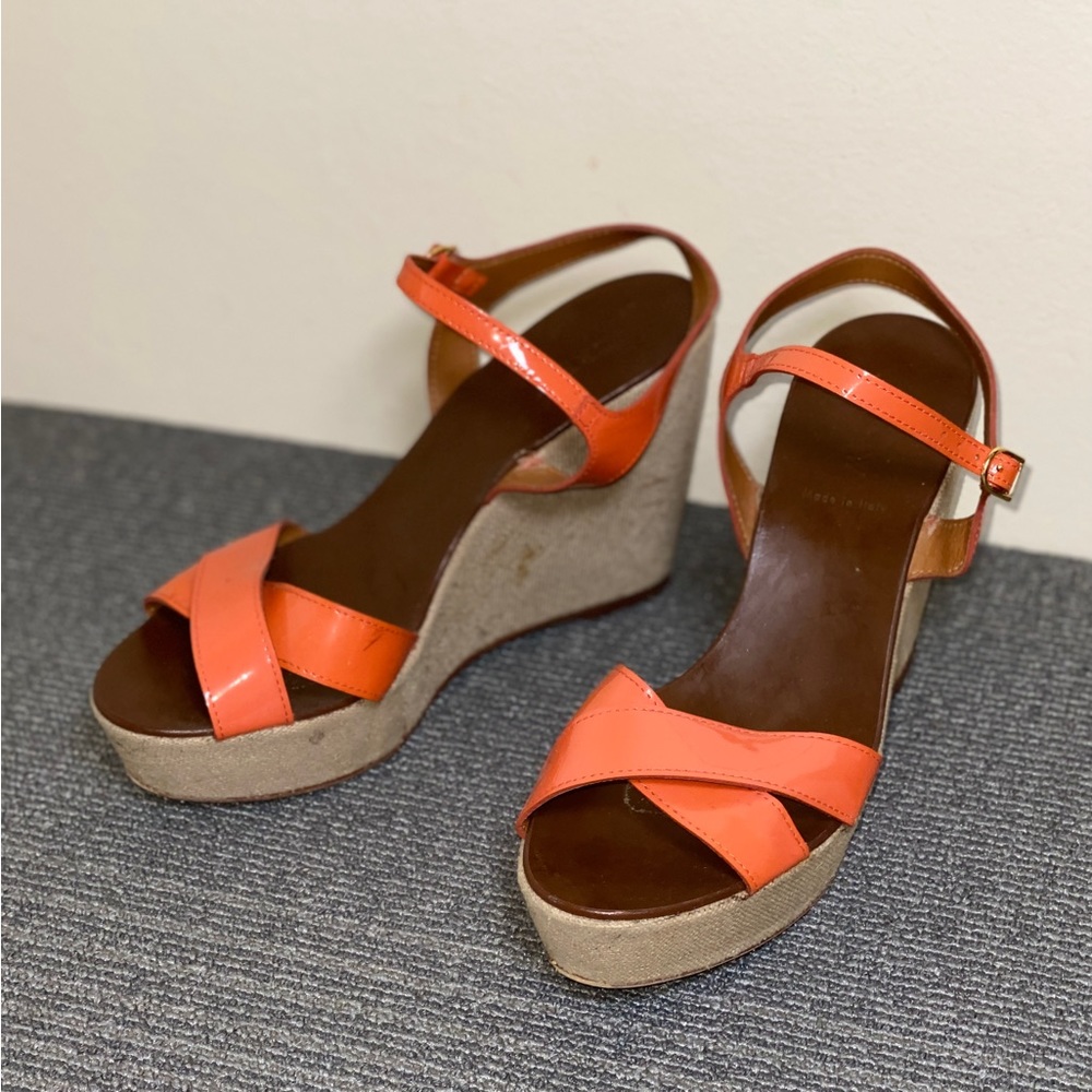 J Crew Patent Orange Wedge Sandals